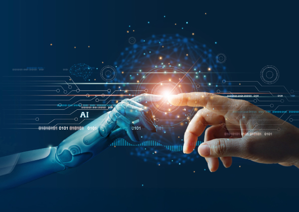 Dedo de mano virtual de Inteligencia Artificial toca el dedo de una mano real, formando un universo de conocimiento.